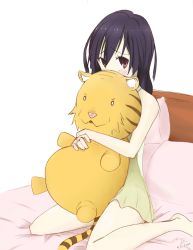 Rule 34 | 10s, 1girl, absurdres, bare shoulders, barefoot, black hair, blush, boa (brianoa), doll, dress, highres, long hair, pillow, red eyes, simple background, tokyo ravens, tsuchimikado natsume