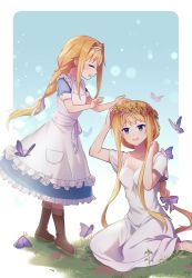 Rule 34 | 2girls, :d, alice zuberg, apron, blonde hair, blue eyes, boots, braid, breasts, brown footwear, bug, butterfly, cleavage, commentary request, dress, closed eyes, ful body, grass, hair intakes, hair ribbon, hairband, highres, insect, knee boots, long hair, looking at viewer, medium breasts, multiple girls, open mouth, outdoors, ribbon, ryonha (ryeonghwa3233), short sleeves, smile, standing, sword art online, sword art online: alicization, teeth, upper teeth only, white apron, white dress, white hairband
