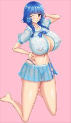 Rule 34 | 1girl, arm behind head, blue hair, blush, breasts, brown eyes, btk, cleavage, collarbone, covered erect nipples, curvy, ebihara mai, full body, hand on own hip, highres, huge breasts, kneeling, looking at viewer, navel, neck ribbon, one eye closed, pink background, ribbon, sailor collar, sailor shirt, see-through, see-through shirt, see-through skirt, shirt, short sleeves, simple background, skirt, smile, solo, thong, wink