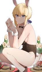 Rule 34 | 1girl, absurdres, animal ears, artoria pendragon (all), artoria pendragon (fate), bare shoulders, black leotard, blonde hair, blue eyes, blush, bow, bowtie, breasts, brown footwear, cleavage, closed mouth, detached collar, fake animal ears, fake tail, fate (series), hairband, highres, kadomatsu, leotard, looking at viewer, mefuyaka, playboy bunny, rabbit ears, rabbit tail, saber (fate), shoes, short hair, simple background, small breasts, solo, squatting, tail, white background, wrist cuffs
