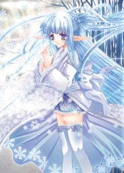 Rule 34 | 1girl, blue hair, long hair, pointy ears, sakayaki (burning soul), snow, snowflakes, snowing, solo, thighhighs