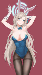 Rule 34 | 1girl, :d, absurdres, animal ears, armpits, arms up, asuna (blue archive), blonde hair, blue archive, blue bow, blue bowtie, blue eyes, blue leotard, bow, bowtie, breasts, brown pantyhose, cleavage, cola-alter, collarbone, cowboy shot, detached collar, elbow gloves, eyes visible through hair, fake animal ears, gloves, hair over one eye, halo, highres, large breasts, leotard, long hair, looking at viewer, open mouth, pantyhose, playboy bunny, rabbit ears, smile, solo, strapless, strapless leotard, thigh gap, thighband pantyhose, very long hair, white gloves