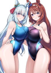 Rule 34 | 2girls, alternate costume, animal ears, armpits, blue eyes, blush, braid, breast press, breasts, brown hair, collarbone, commentary request, competition swimsuit, crown braid, herohero (higashi no dou), highres, horse ears, horse girl, horse tail, large breasts, long hair, looking at viewer, mejiro ardan (umamusume), multiple girls, one-piece swimsuit, purple eyes, simple background, smile, super creek (umamusume), swimsuit, symmetrical docking, tail, umamusume, white background
