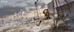 Rule 34 | 1boy, 1girl, abandoned, absurdres, ata-zhubo, blonde hair, blue eyes, boots, brown footwear, brown jacket, building, cloud, copyright name, duplicate, evening, flask, goggles, goggles on head, green shirt, highres, holding, holding flask, jacket, knee boots, lilya (reverse:1999), logo, long hair, nuclear powerplant, official art, outdoors, reverse:1999, scenery, shirt, short shorts, shorts, sky, soldier, solo focus, spill, star (symbol), star print, swing, swing set, wide shot