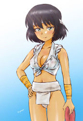 Rule 34 | 10s, 1girl, absurdres, bare shoulders, black hair, blush, breasts, cleavage, fundoshi, girls und panzer, green eyes, groin, highres, hoshino (girls und panzer), japanese clothes, looking at viewer, medium breasts, midriff, navel, solo, standing, sweat
