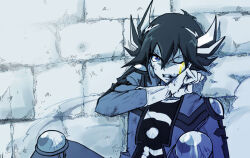 Rule 34 | 1boy, against wall, biker clothes, black hair, black shirt, blood, blood on face, blood on hands, brick wall, clenched hand, clenched teeth, fudo yusei, jote (chokure), knee pads, monochrome, one eye closed, shirt, teeth, wince, yu-gi-oh!, yu-gi-oh! 5d&#039;s