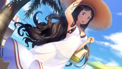 Rule 34 | 1girl, :d, bag, bikini, bikini under clothes, black bikini, black hair, blue sky, bracelet, breasts, canopy (shelter), cloud, covered erect nipples, day, dress, dutch angle, from below, gem, hand on headwear, hand up, hat, holding, jewelry, large breasts, long dress, long hair, looking at viewer, motion blur, open mouth, original, outdoors, palm tree, purple eyes, see-through, shade, shell, sky, sleeveless, sleeveless dress, smile, solo, straw hat, striped, summer, sundress, swimsuit, swimsuit under clothes, tree, tree shade, very long hair, white dress, wind, zimajiang