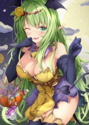 Rule 34 | 1girl, absurdres, aqua eyes, blush, breasts, candy, character request, cleavage, dress, food, food-themed hair ornament, full moon, garter straps, gloves, green dress, green hair, hair ornament, halloween, halloween costume, hand on own face, head wings, highres, holding, large breasts, long hair, looking at viewer, moon, neck ribbon, one eye closed, open mouth, original, pointy ears, pumpkin hair ornament, ribbon, rumiko (rmeco), smile, thighhighs, wings