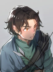 Rule 34 | 1boy, arrow (projectile), black hair, bow (weapon), closed mouth, cyril (fire emblem), dark-skinned male, dark skin, fire emblem, fire emblem: three houses, looking to the side, nintendo, red eyes, solo, t misaomaru, upper body, weapon, white background