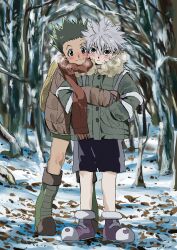 Rule 34 | 2boys, blush, breath, brown eyes, buttons, closed mouth, full body, gon freecss, green eyes, green footwear, green hair, grey hair, hands in pockets, highres, hunter x hunter, kasukasugom1, killua zoldyck, looking at viewer, male focus, multiple boys, purple footwear, red scarf, scarf, shorts, smile, snow, standing, v-shaped eyebrows, winter