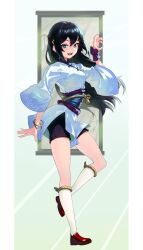 Rule 34 | 1girl, absurdres, arm up, black hair, blue eyes, bracelet, claw pose, commentary, english commentary, full body, gemi ningen, hair between eyes, highres, jewelry, kneehighs, korean commentary, long hair, long sleeves, murimeseo jeolleumbariro saranamgi, novel illustration, official art, open mouth, red footwear, rope, sharp teeth, shoes, shorts, socks, solo, teeth, upper body, wide sleeves