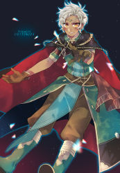 Rule 34 | 1boy, boey (fire emblem), cape, dated, fire emblem, fire emblem echoes: shadows of valentia, fire emblem gaiden, gloves, highres, looking at viewer, male focus, nintendo, outline, silver hair, simple background, smile, solo, spiked hair, third-party source, yellow eyes