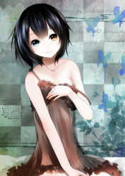 Rule 34 | 1girl, bad id, bad pixiv id, bare shoulders, black hair, blue eyes, bug, butterfly, checkered background, chemise, collarbone, hand on own chest, heterochromia, highres, insect, orange eyes, original, see-through, short hair, solo, strap slip, tate (donnguriumai)