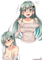 Rule 34 | 1girl, aqua hair, artist name, bare shoulders, blush, breasts, cleavage, closed mouth, collarbone, grey sweater, hair ornament, hairclip, highres, kantai collection, long hair, long sleeves, looking at viewer, medium breasts, multiple views, nose blush, open mouth, ribbed sweater, sazamiso rx, simple background, straight hair, surprised, suzuya (kancolle), sweater, translation request, white background