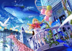 Rule 34 | 1girl, aircraft, airplane, architecture, balcony, balloon, bird, blonde hair, bloomers, blue eyes, blue sky, blurry, bouquet, bow, building, canvas (object), castle, commentary request, day, dirigible, dress, fantasy, ferris wheel, fish, flock, flower, fuzichoco, giraffe, hair bow, has bad revision, has downscaled revision, highres, holding, holding bouquet, hot air balloon, locomotive, long hair, long sleeves, looking at viewer, md5 mismatch, moon, original, outdoors, painting (object), plant, resolution mismatch, rose, scenery, sky, smile, solo, source smaller, standing, steam locomotive, sunlight, table, train, transparent, turtle, underwear, whale, white dress
