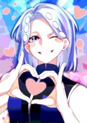 Rule 34 | 1girl, ;d, absurdres, aizome komachi, blue eyes, blue hair, blush stickers, eyelashes, grin, hashtag-only commentary, heart, heart hands, highres, jumpsuit, multicolored background, no 42street, one eye closed, open mouth, sentai dai shikkaku, short hair, smile, solo, upper body