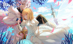 Rule 34 | 1boy, 1girl, absurdres, artoria pendragon (all), artoria pendragon (fate), blonde hair, blue sky, closed eyes, closed mouth, cloud, coat, day, dress, fate/grand order, fate (series), frilled dress, frills, hand on another&#039;s head, highres, huge filesize, kotatsu kaya, long dress, long hair, long sleeves, merlin (fate), outdoors, petals, purple eyes, saber (fate), silver hair, sitting, sky, sleeping, smile, white coat, white dress, white neckwear