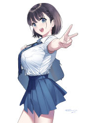 Rule 34 | 1girl, :d, absurdres, ai-chan (tawawa), bag, blue eyes, blue neckwear, blue skirt, breasts, brown hair, getsuyoubi no tawawa, highres, holding, holding bag, kaedeko (kaedelic), large breasts, looking at viewer, open mouth, pleated skirt, shirt, shirt tucked in, short hair, signature, simple background, skirt, smile, solo, thighs, v, white background, white shirt