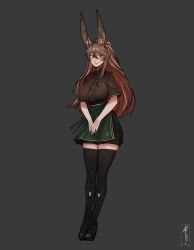 Rule 34 | 1girl, animal ear fluff, animal ears, apron, black background, black footwear, black shirt, black skirt, black thighhighs, boots, breasts, brown eyes, brown hair, commentary, full body, green apron, hand on own hip, highres, knee boots, large breasts, less, long hair, looking at viewer, original, own hands together, rabbit ears, shirt, short sleeves, simple background, skirt, smile, solo, thighhighs, thighhighs under boots, waist apron, zettai ryouiki