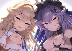 Rule 34 | 2girls, absurdres, ahoge, angelica (epic seven), bare shoulders, black gloves, blonde hair, blue eyes, blush, braid, breasts, breasts out, clothes pull, detached collar, dual persona, epic seven, gloves, grabbing own breast, hair ornament, highres, karadborg, looking at viewer, medium breasts, multiple girls, nipples, parted lips, purple hair, red eyes, simple background, sinful angelica (epic seven), smile, teeth, white background, white gloves