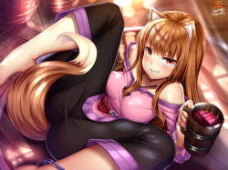 Rule 34 | 1girl, alcohol, animal ears, anklet, bare shoulders, barefoot, blush, breasts, commentary, cup, grin, hime cut, holo, ikemura hiroichi, jewelry, long hair, lying, medium breasts, mug, naughty face, off shoulder, on back, orange hair, pants, pouch, red eyes, smile, solo, spice and wolf, spread legs, sunlight, tail, wine, wolf ears, wolf tail