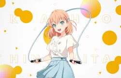 1girl :d abstract_background aqua_eyes blue_skirt breasts character_name collarbone cowboy_shot crossed_bangs game_cg hair_ornament highres hinoshita_kaho holding holding_jump_rope jump_rope link!_like!_love_live! looking_at_viewer love_live! medium_breasts medium_hair miniskirt official_alternate_costume official_art open_mouth orange_hair pleated_skirt rabbit_hair_ornament shirt shirt_tucked_in short_sleeves skirt smile solo teeth tented_shirt third-party_source two_side_up upper_teeth_only virtual_youtuber white_background white_shirt