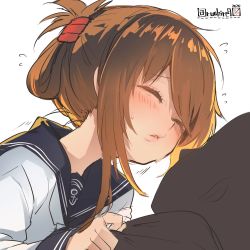 Rule 34 | 1girl, 1other, anchor symbol, blush, brown hair, closed eyes, dated, flying sweatdrops, folded ponytail, highres, imminent kiss, inazuma (kancolle), kantai collection, lips, long sleeves, ponytail, puckered lips, ruohire9, sailor collar, school uniform, serafuku, sweat, twitter username, upper body