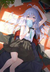 1girl ahoge arm_up azuuru black_ribbon black_skirt book bow braid breast_pocket cover cover_image elaina_(majo_no_tabitabi) grey_hair hair_bow highres holding holding_book indoors long_hair looking_at_viewer lying majo_no_tabitabi novel_illustration official_art on_back pink_bow pocket ribbon shirt skirt sleeveless sleeveless_shirt solo textless_version