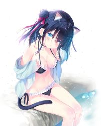 Rule 34 | 1girl, animal ears, bikini, black bikini, black ribbon, blue eyes, blue hair, blue jacket, blue nails, bow, breasts, cat ears, cat tail, cleavage, closed mouth, clothes down, frilled bikini, frills, groin, hair between eyes, hair bow, hair bun, hair ribbon, head tilt, highres, jacket, lens flare, long hair, looking at viewer, medium breasts, na-ga, nail polish, navel, open clothes, open jacket, original, red bow, red ribbon, ribbon, side-tie bikini bottom, simple background, single hair bun, sitting, smile, solo, swimsuit, tail, white background