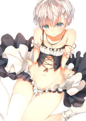 Rule 34 | 10s, 1girl, alternate costume, arm support, bare shoulders, black bra, blue eyes, bra, breasts, collar, collarbone, colored eyelashes, corset, frilled skirt, frills, from above, hair ornament, hairclip, kantai collection, knees together feet apart, layered skirt, looking at viewer, midriff, navel, shy, silver hair, single thighhigh, sitting, skirt, skirt set, small breasts, socks, solo, strap slip, sune (mugendai), suneo, thigh gap, thighhighs, thighs, underwear, white socks, z1 leberecht maass (kancolle)