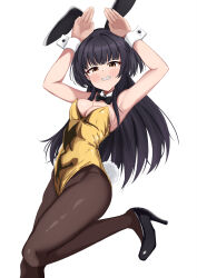 Rule 34 | 1girl, absurdres, animal ears, bamiyanpixel, black bow, black bowtie, black hair, black pantyhose, bow, bowtie, breasts, brown eyes, cleavage, clenched teeth, detached collar, gold leotard, highres, idolmaster, idolmaster shiny colors, leotard, long hair, mayuzumi fuyuko, medium breasts, pantyhose, playboy bunny, ponytail, rabbit ears, rabbit pose, rabbit tail, simple background, solo, standing, standing on one leg, tail, teeth, white background, wrist cuffs
