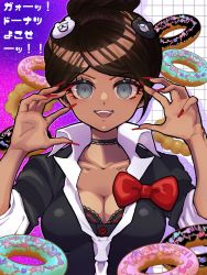 Rule 34 | 1girl, :d, asahina aoi, bear hair ornament, black bra, black choker, blue background, bow, shirt bow, bra, breasts, brown hair, choker, cleavage, cosplay, danganronpa: trigger happy havoc, danganronpa (series), dark-skinned female, dark skin, doughnut, enoshima junko, enoshima junko (cosplay), food, grey eyes, hair ornament, hair up, hands up, highres, large breasts, nail polish, necktie, open mouth, p-1123, pink background, red bow, red nails, shirt bow, short hair, sleeves rolled up, smile, star (symbol), starry background, teeth, translation request, underwear, upper body, upper teeth only, white background, white necktie