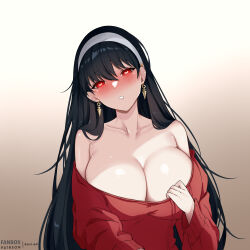 Rule 34 | 1girl, absurdres, amai-pai, bare shoulders, black hair, breasts, cleavage, collarbone, drunk, earrings, hairband, heart, heart-shaped pupils, highres, jewelry, large breasts, long hair, looking at viewer, off-shoulder sweater, off shoulder, parted lips, red eyes, red sweater, solo, spy x family, sweater, symbol-shaped pupils, upper body, very long hair, white hairband, yor briar