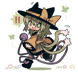 Rule 34 | !, !!, 1girl, animal ears, animal hands, black footwear, black hat, blush, boots, bright pupils, bug, butterfly, cat ears, cat girl, cat paw, cat paws, cat tail, collared shirt, flower, frilled shirt, frilled shirt collar, frilled skirt, frilled sleeves, frills, grass, green butterfly, green eyes, green fur, green hair, green skirt, hair between eyes, hat, hat ribbon, hat with ears, insect, komeiji koishi, long hair, long shirt, multiple tails, open mouth, paw print, ribbon, shirt, simple background, skirt, smile, speech bubble, tail, third eye, tongue, touhou, two tails, white background, white fur, white pupils, wide sleeves, yellow ribbon, yellow shirt, zunusama