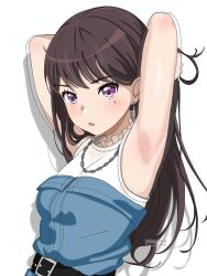 Rule 34 | 1girl, armpit focus, armpits, arms up, artist name, bang dream!, bang dream! it&#039;s mygo!!!!!, belt, blue dress, blush, brown hair, chain, chain necklace, commentary, dress, earrings, english commentary, izami md, jewelry, long hair, mole, mole under eye, necklace, parted lips, purple eyes, see-through, see-through sleeves, shiina taki, shirt, simple background, solo, upper body, white background, white shirt