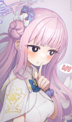 Rule 34 | 1girl, angel wings, black eyes, blue archive, blunt bangs, blush, capelet, commentary request, dress, feathered wings, finger to mouth, flower, flying sweatdrops, hair bun, hair flower, hair ornament, halo, highres, index finger raised, long hair, mika (blue archive), one side up, parted lips, pink hair, saebashi, school uniform, scrunchie, sidelocks, simple background, single side bun, solo, spoken blush, white capelet, white dress, white wings, wings, wrist scrunchie
