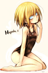 Rule 34 | 1girl, absurdres, blonde hair, blue eyes, blush, collarbone, highres, kotoba noriaki, looking at viewer, md5 mismatch, one-piece swimsuit, original, school swimsuit, short hair, simple background, sitting, solo, swimsuit, wariza, wet, white background