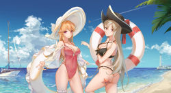 Rule 34 | 2girls, absurdres, aircraft, artist name, ass, azur lane, backless swimsuit, bikini, blue sky, boat, breasts, bridal garter, brown bikini, brown hair, cleavage, cloud, commentary request, criss-cross halter, cross-laced bikini, cross-laced clothes, cross-laced one-piece swimsuit, cross-laced top, day, frilled swimsuit, frills, front-tie bikini top, front-tie top, gluteal fold, halterneck, hat, highleg, highleg bikini, highleg swimsuit, highres, innertube, jean bart (azur lane), jean bart (private apres midi) (azur lane), large breasts, lighthouse, long hair, looking at viewer, micro shorts, multiple girls, one-piece swimsuit, orange hair, outdoors, palm leaf, photoshop (medium), pink eyes, pink one-piece swimsuit, pirate hat, richelieu (azur lane), richelieu (fleuron of the waves) (azur lane), see-through, see-through sleeves, shorts, side-tie swimsuit, sky, starfish, sun hat, swim ring, swimsuit, thigh strap, thighs, veeluna, very long hair, water, watercraft, white headwear, white innertube