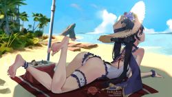 Rule 34 | 1girl, ass, barefoot, beach, black hair, crab, feet, genshin impact, hat, long hair, lying, mona (genshin impact), on stomach, one-piece swimsuit, parasol, soles, straw hat, swimsuit, sydus, toes, twintails, umbrella