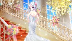 Rule 34 | 1girl, ahoge, bare shoulders, blue sky, bouquet, bride, chandelier, day, dot nose, dress, film grain, flower, flower wreath, from behind, game cg, hair flower, hair ornament, hands on own hips, ichijou ruka, indoors, izumi tsubasu, lens flare, long dress, looking back, non-web source, official art, pink flower, pink rose, purple eyes, railing, re:stage!, rose, short hair with long locks, shoulder blades, sky, smile, solo, sparkle, stairs, strapless, strapless dress, wedding, wedding dress, white hair, window, yellow flower, yellow rose