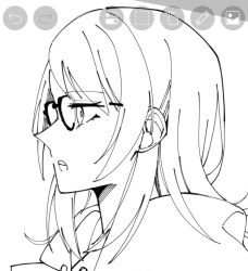 Rule 34 | 1girl, art program in frame, bang dream!, bang dream! it&#039;s mygo!!!!!, bespectacled, commentary request, glasses, greyscale, ibispaint (medium), lineart, medium hair, monochrome, nanami (nunnun 0410), open mouth, simple background, solo, unfinished, upper body, white background, yahata umiri