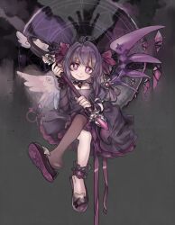 Rule 34 | 1girl, ankle scrunchie, arm ribbon, asymmetrical wings, ballet slippers, bow, choker, collarbone, crossed legs, crystal wings, demon wings, dress, fallenshadow, feathered wings, girutea, highres, holding, holding staff, indie virtual youtuber, long hair, looking at viewer, magic circle, magical girl, purple dress, purple eyes, purple footwear, purple hair, purple ribbon, ribbon, ribbon choker, scrunchie, single leg pantyhose, sitting, smile, solo, staff, virtual youtuber, wings