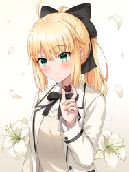 Rule 34 | 1girl, absurdres, ahoge, artoria pendragon (all), artoria pendragon (fate), blazer, blonde hair, blush, bow, candy, chocolate, chocolate heart, collared shirt, fate/grand order, fate (series), flower, food, frown, green eyes, hair bow, heart, highres, holding, holding food, jacket, lily (flower), long hair, long sleeves, looking at viewer, neck ribbon, petals, ponytail, ribbon, saber lily, shirt, solo, sorugi park, valentine