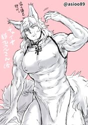 Rule 34 | 1boy, animal ear fluff, animal ears, armpit hair, armpit peek, asioo, bara, bare arms, bulge, china dress, chinese clothes, covered erect nipples, dress, facial hair, feet out of frame, forked eyebrows, fox boy, fox ears, fox tail, goatee, greyscale with colored background, highres, large pectorals, looking at viewer, male focus, mature male, motion lines, muscular, muscular male, original, pectorals, pelvic curtain, sleeveless, solo, tail, thick eyebrows, thick thighs, thighs, translation request, unamused