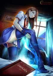 Rule 34 | 1girl, absurdres, artist request, ass, blue eyes, blue skirt, blue thighhighs, book, breasts, brown hair, castlevania (series), castlevania: portrait of ruin, charlotte aulin, frilled skirt, frills, highres, long hair, medium breasts, miniskirt, panties, pantyshot, shiny clothes, shiny skin, shirt, skirt, smile, solo, thighhighs, underwear