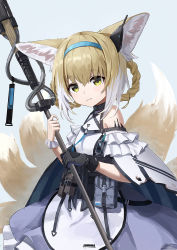 Rule 34 | 1girl, animal ear fluff, animal ears, arknights, bare shoulders, black gloves, blonde hair, blue hairband, braid, braided hair rings, breasts, closed mouth, commentary request, fox ears, fox girl, fox tail, frilled skirt, frills, gloves, grey background, hair between eyes, hair rings, hairband, highres, holding, holding polearm, holding weapon, multicolored hair, nekoreito, pleated skirt, polearm, purple skirt, shirt, simple background, single glove, skirt, small breasts, smile, solo, spear, suzuran (arknights), tail, twin braids, two-tone hair, weapon, white hair, white shirt, yellow eyes