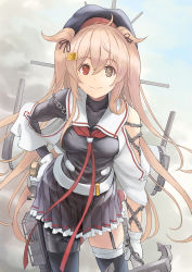 Rule 34 | 1girl, anchor, asymmetrical clothes, belt, black serafuku, black skirt, black thighhighs, breasts, brown eyes, cannon, cloud, cloudy sky, flail, frills, gloves, gradient hair, hair between eyes, hair flaps, heterochromia, highres, kantai collection, light brown hair, long hair, machinery, multicolored hair, murasame (kancolle), murasame kai ni (kancolle), neckerchief, outdoors, pleated skirt, red eyes, red neckerchief, school uniform, serafuku, skirt, sky, small breasts, smile, solo, taruya, thighhighs, torpedo launcher, turret, two side up, weapon, white gloves