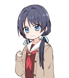 Rule 34 | 1girl, blue eyes, blue hair, blue ribbon, brown cardigan, brown dress, cardigan, clenched hand, closed mouth, dress, hair over shoulder, hair ribbon, hasu no sora school uniform, highres, link! like! love live!, long hair, long sleeves, looking at viewer, love live!, miyamaki, mole, mole on neck, murano sayaka, neckerchief, open cardigan, open clothes, red neckerchief, ribbon, sailor collar, school uniform, sidelocks, solo, twintails, upper body, white background, white sailor collar, winter uniform