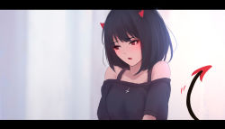 Rule 34 | 1girl, black hair, black shirt, blush, breasts, collarbone, demon girl, demon horns, demon tail, fang, horns, letterboxed, looking away, nose blush, off-shoulder shirt, off shoulder, open mouth, original, red eyes, shimmer, shirt, short sleeves, small breasts, solo, tail, tail raised, upper body