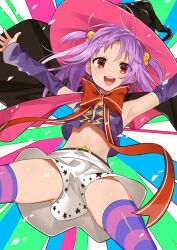 Rule 34 | 1girl, :d, absurdres, arm warmers, armpits, belt, black cape, blush, brown belt, cape, criss-cross halter, crop top, detached sleeves, hair bobbles, hair ornament, halterneck, hat, highres, looking at viewer, magia record: mahou shoujo madoka magica gaiden, magical girl, mahou shoujo madoka magica, mamadasky, miniskirt, misono karin, navel, open mouth, pleated skirt, print skirt, purple hair, purple thighhighs, red eyes, skirt, smile, solo, star (symbol), star print, striped clothes, striped thighhighs, thighhighs, white skirt, witch hat, yellow gemstone